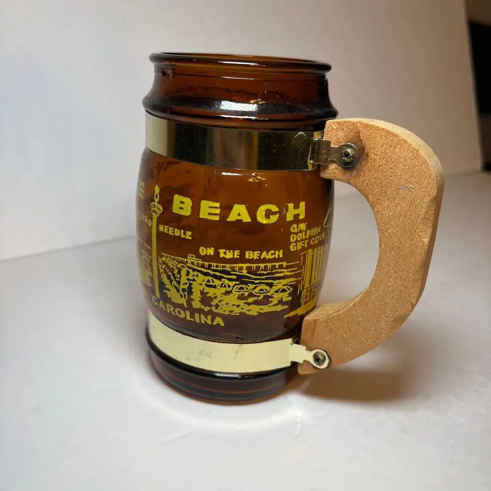 Vintage Myrtle Beach South Carolina Golf Souvenir Brown Glass Barrel Mug Wood